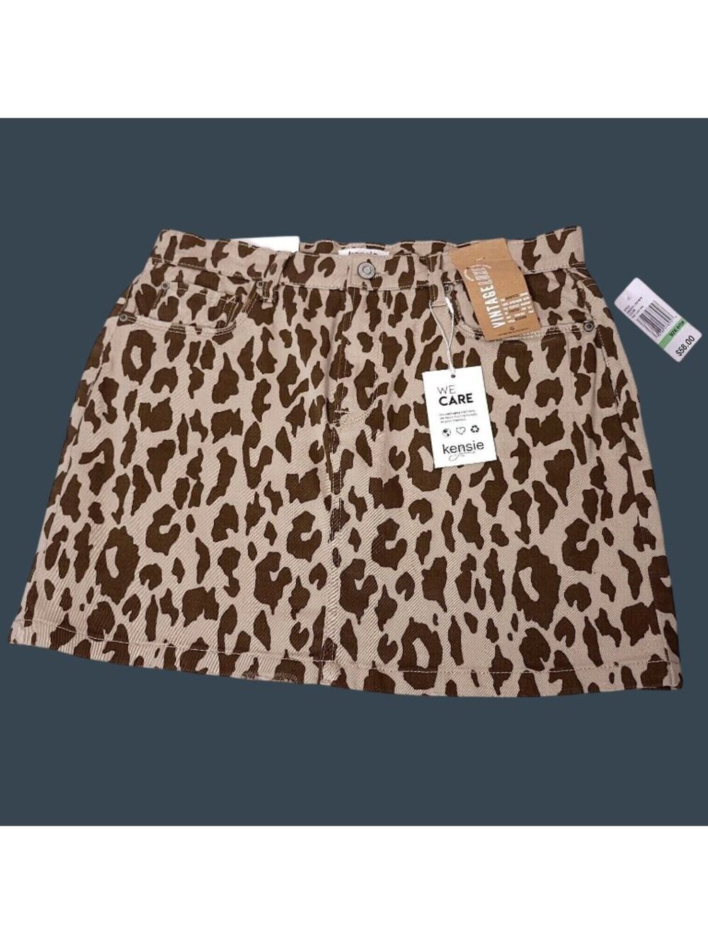Kensie Womens Brown Leopard Print Mini Skirt 8 Vintage Luxe Stretch Denim New